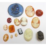 Twelve unmounted cameos including hardstone, a lava cameo mounted as a button stud and two loose