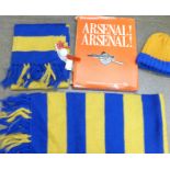 Arsenal, 1971 Double Winners book, a child's c.1970 away scarf and hat, and an adults scarf