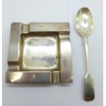A silver ashtray and a silver spoon, 90g