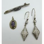 A silver and Blue John pendant, a silver and paste brooch, and a pair of silver and paste earrings