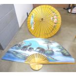 A parasol and 1m hand painted fan **PLEASE NOTE THIS LOT IS NOT ELIGIBLE FOR POSTING AND PACKING**