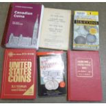 A collection of coin collectors books, including The Red Book of USA Coins and Canadian Coins