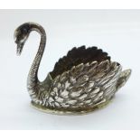 An 800 silver swan trinket pot or pin cushion, (pin cushion requires reinstating)