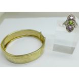 A 925 silver stone set ring, N, and a plated bangle