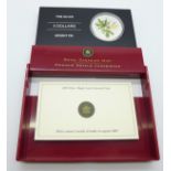 A Royal Canadian Mint 2005 Silver Maple Leaf Coloured Coin, one ounce fine silver $5 coin, with case