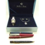 A Bella & Rose watch and jewellery set, three ink pens and a pencil