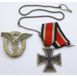 A German Luftwaffe Pilots badge, by Gebrder Wegerhof, 44.5g, and a German Third Reich 1813/1939 Iron