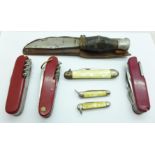 Three Swiss Army knives, a WWII Army knife and three others