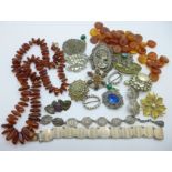 Vintage jewellery including amber, amber beads to be re-strung and a silver bracelet, (Art Nouveau