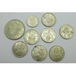 Nine George VI coins including seven one shilling