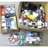 Two boxes of die-cast model vehicles, Burago, Corgi and others