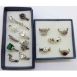 A collection of thirteen silver rings and two unmarked white metal, (15)