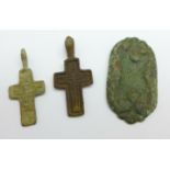 Two bronze Viking crosses and a brooch, c.950, found in Russia