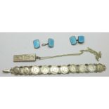 A silver 3d coin bracelet, (all but one pre 1920), a silver ingot pendant and chain, and a pair of