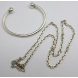 A silver torq bangle and chain, 61g