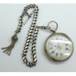 A silver fob watch with an Albertina chain, 4cm case