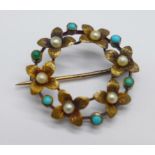 A 15ct gold, turquoise and seed pearl brooch, 2.3g