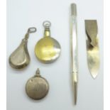 A hallmarked silver pencil, a Swedish bookmark and three small scent bottles including one