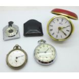 Pocket watches and a travel clock, one lacking glass