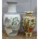 A hand painted Chinese vase and one other vase, tallest 35cm