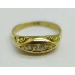 An 18ct gold, five stone diamond ring, 2.8g, O