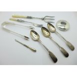 Three Georgian silver spoons, a pair of silver sugar bows, two silver plated forks with mother of