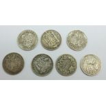 Five Victorian shillings and a 1925 Australian shilling