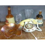 A Royal Albert Old Country Roses telephone, glassware including carnival glass, lead crystal and two