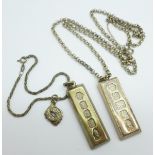 Two silver ingot pendants, one on a silver neck chain, and one on a silver bracelet, 75g