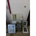 Assorted prints, a mirror and two signed etchings of Bruges (12)