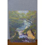 James Leggat, river landscape, oil on board, unframed