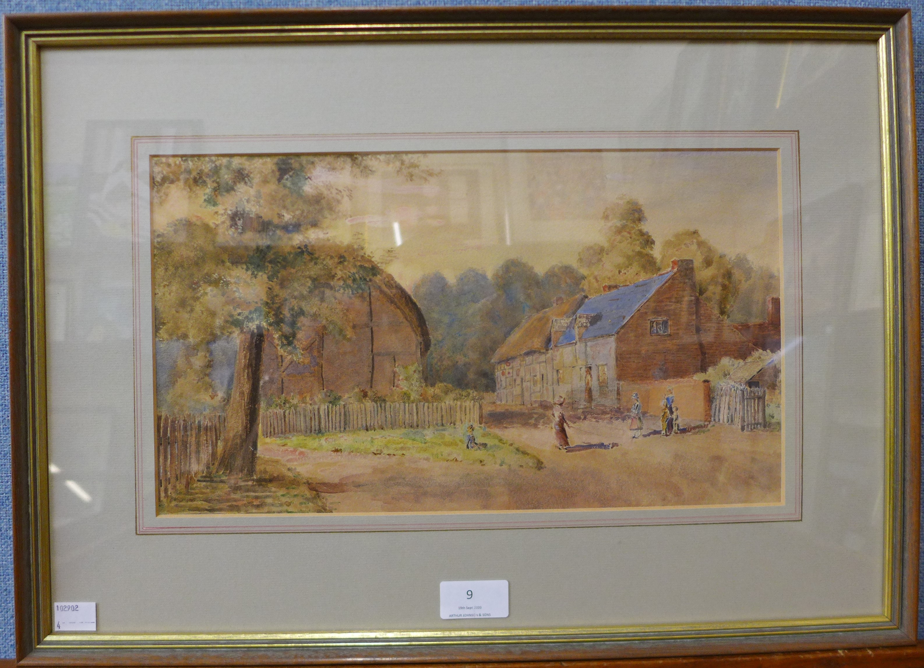 English School, village scene with figures on a path, watercolour, unsigned, 20 x 35cms, framed - Image 2 of 2