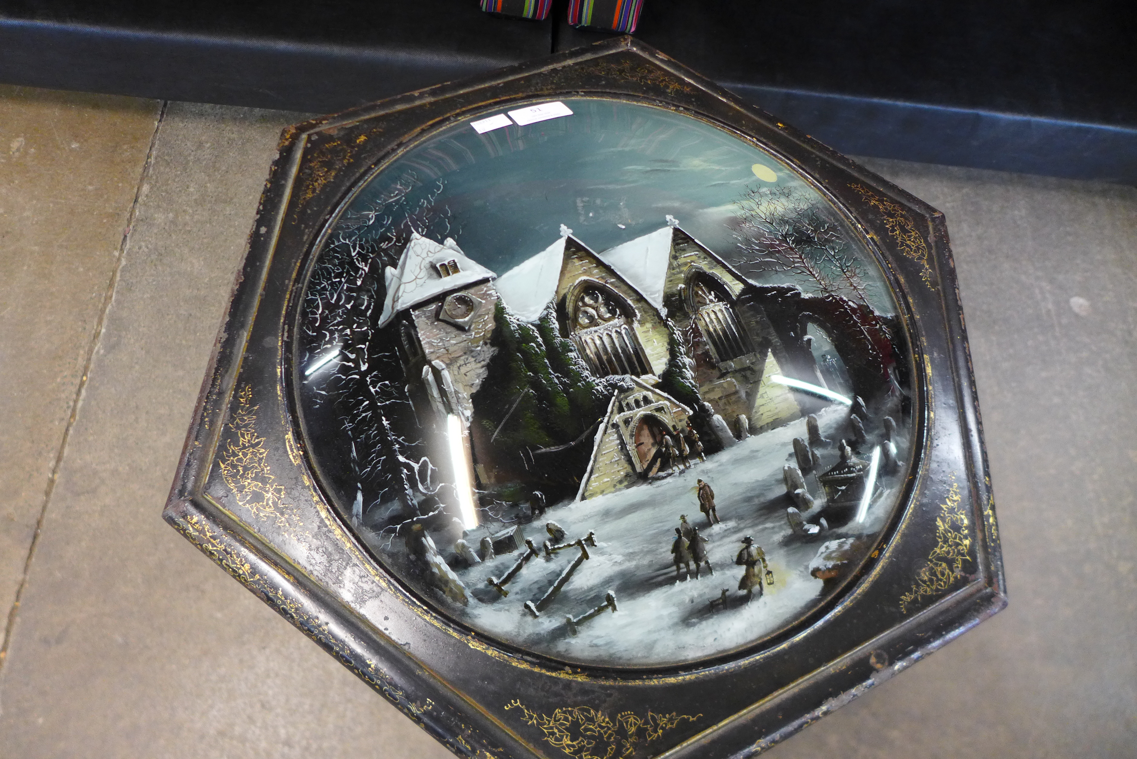 A Victorian Toleware octagonal trumpet shaped coal box, the top hand painted with church winter - Image 2 of 3