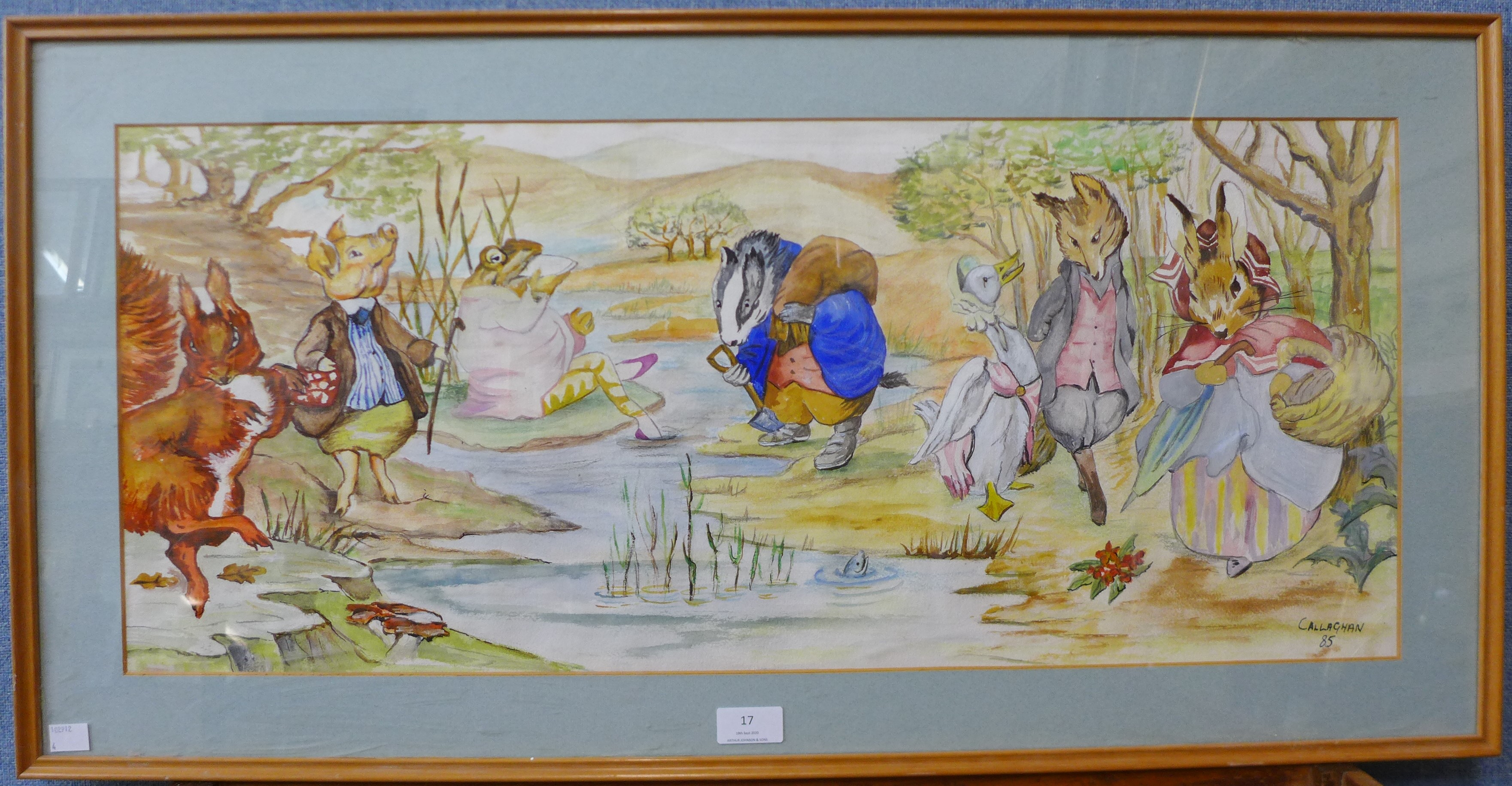 * Callaghan, Wind in the Willows characters, watercolour, 32 x 75cms, framed - Image 2 of 2