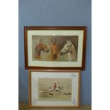 A We Three Kings print and a hunting scene print, framed