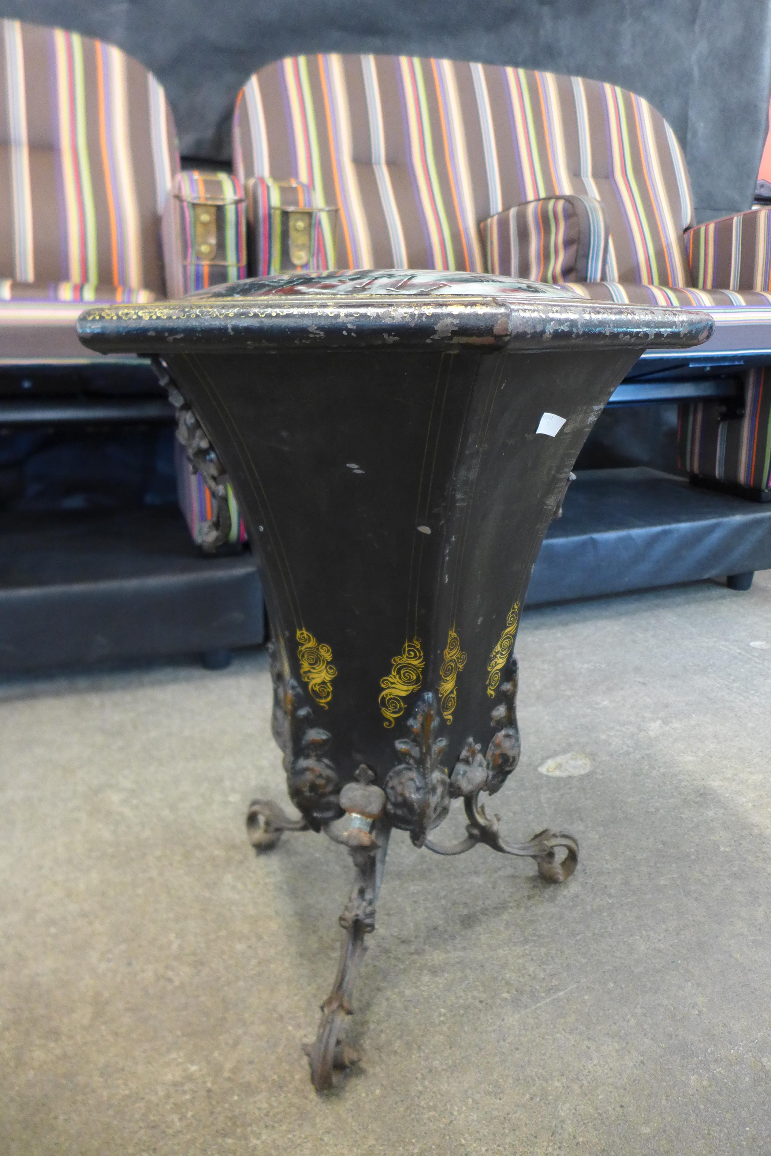A Victorian Toleware octagonal trumpet shaped coal box, the top hand painted with church winter - Image 3 of 3