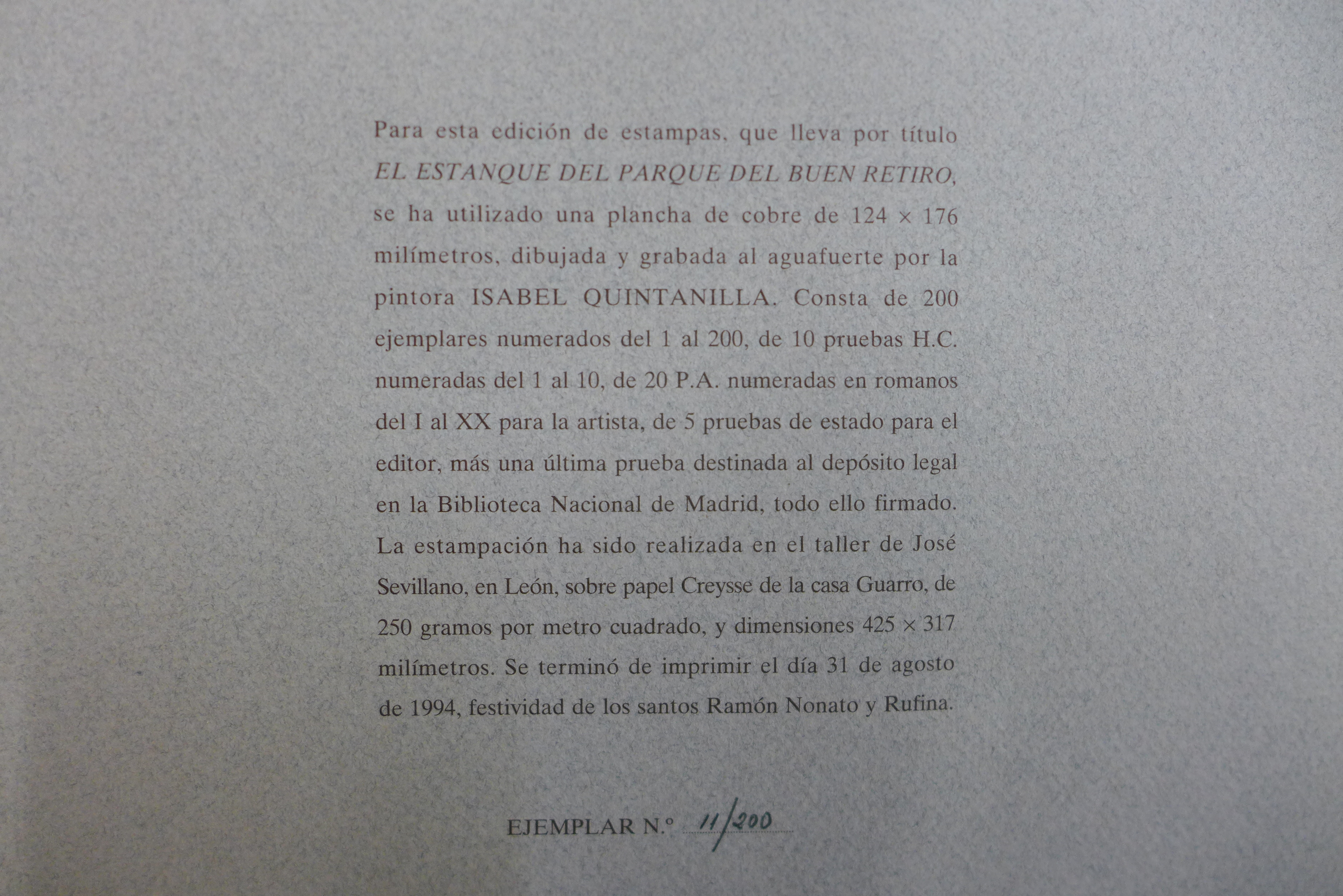 Isabel Quintauilla, El Estanque el Parque Del Buen Retir, signed limited edition etching, no. 11/ - Bild 3 aus 3