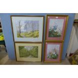 Two lansdcapes, watercolour and pastel and two Vernon Ward prints, framed