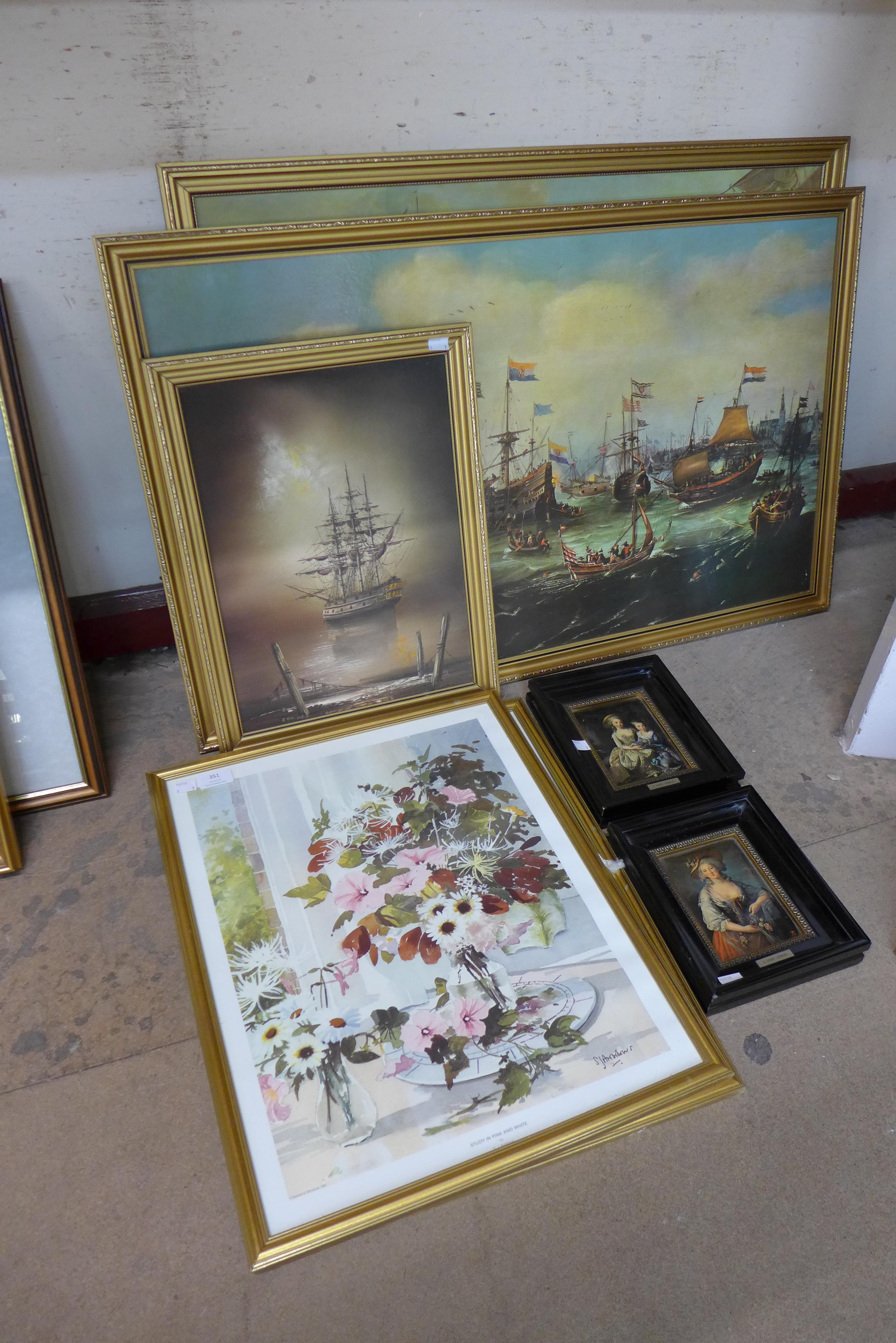 C. Edwards, marine scene, oil on canvas, two naval battle prints and four others