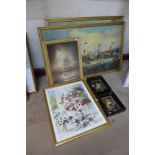 C. Edwards, marine scene, oil on canvas, two naval battle prints and four others