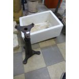 A Singer cast iron stool base, a/f and a Belfast sink
