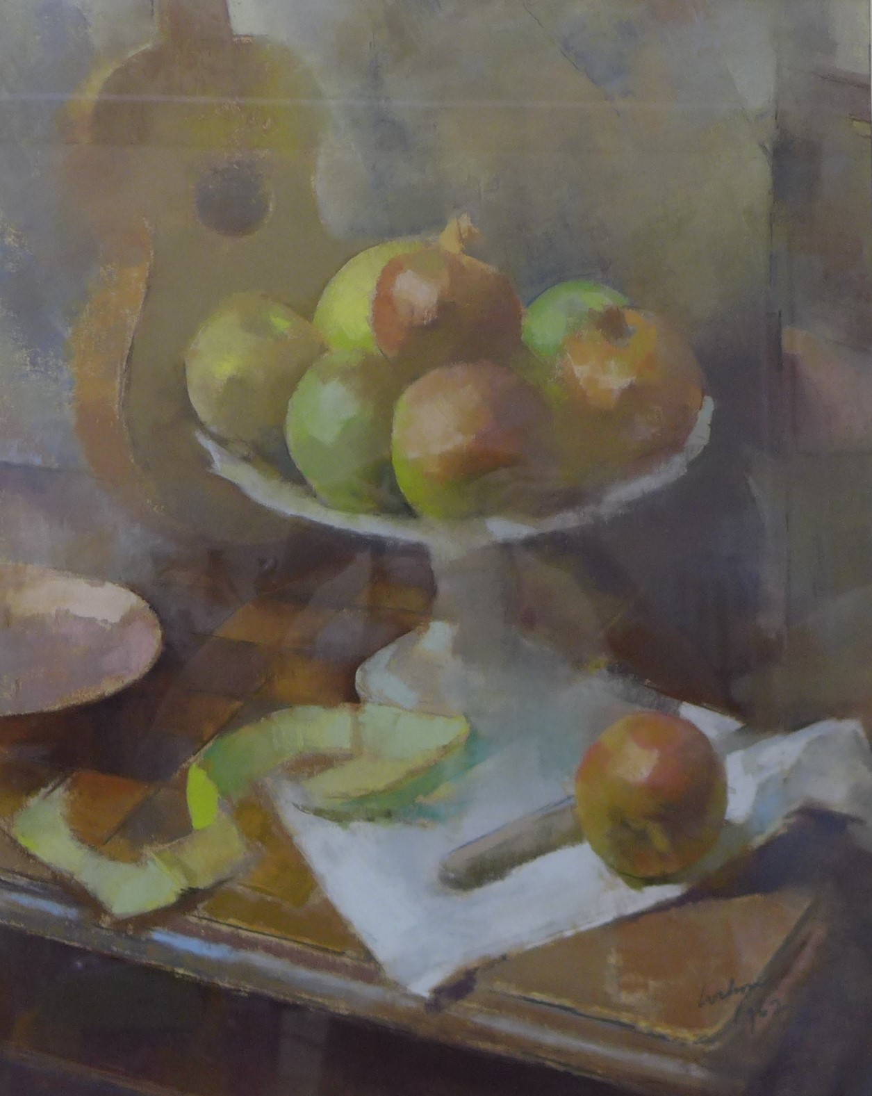 * Wilson, Post-Impressionist still life of apples, mixed media on board, 55 x 44cms, framed