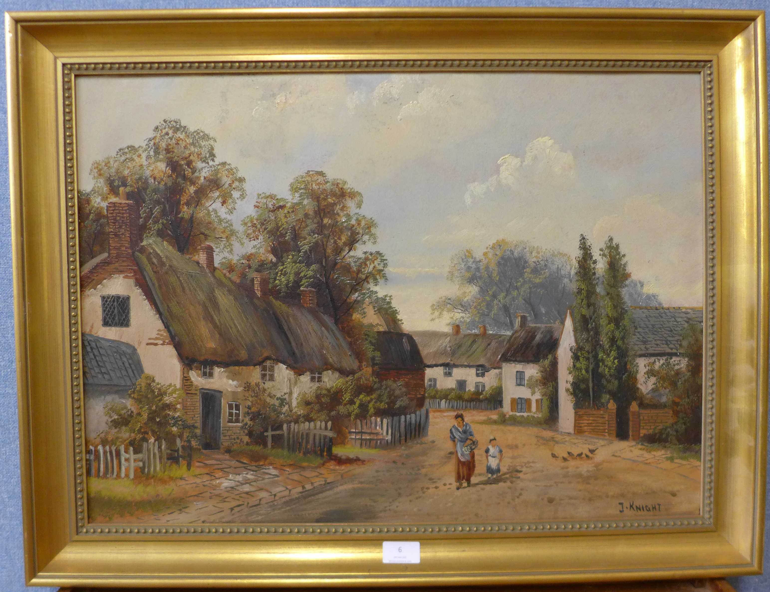 J. Knight, village scene with mother and child on a road, oil on board, 47 x 65cms, framed - Image 2 of 2