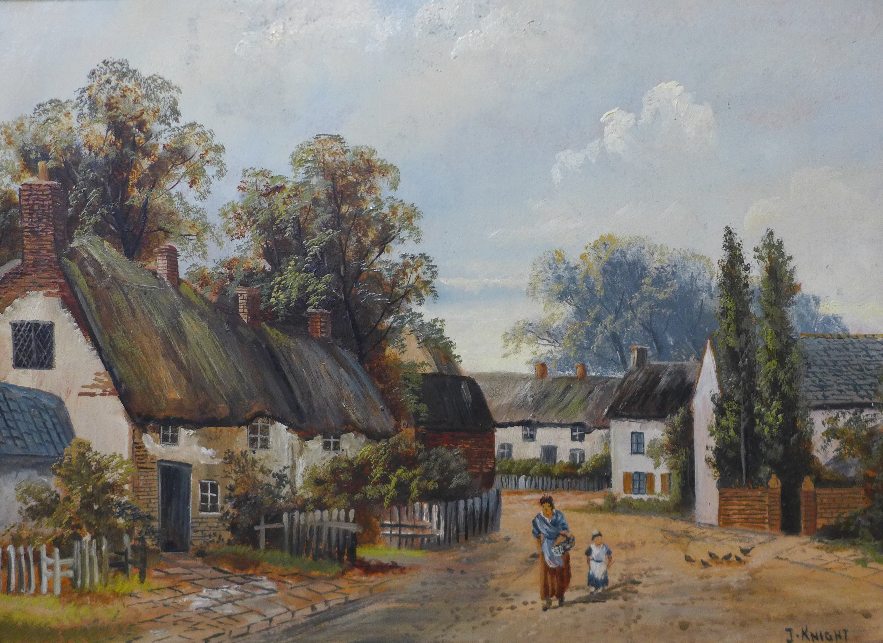 J. Knight, village scene with mother and child on a road, oil on board, 47 x 65cms, framed