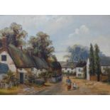 J. Knight, village scene with mother and child on a road, oil on board, 47 x 65cms, framed