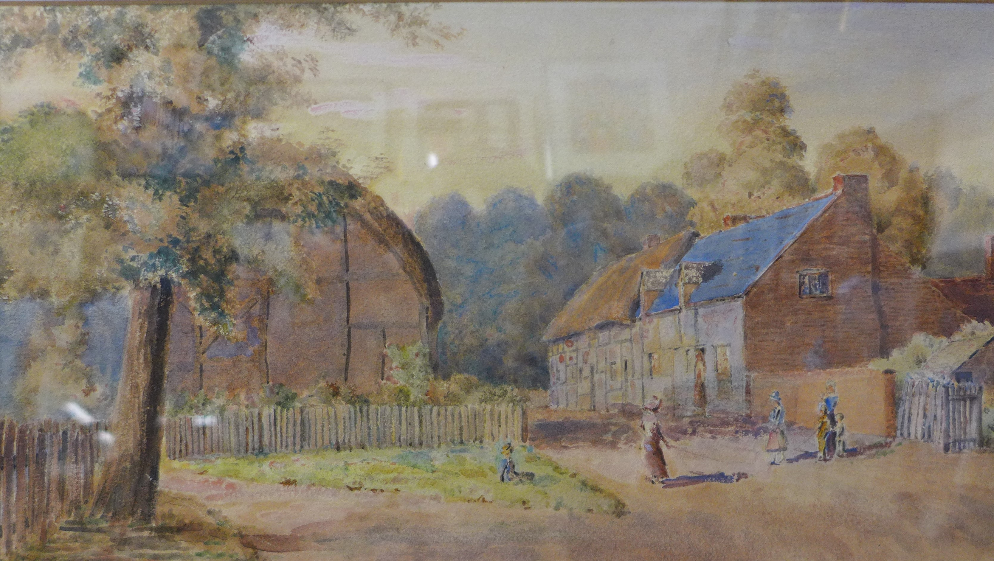 English School, village scene with figures on a path, watercolour, unsigned, 20 x 35cms, framed