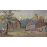English School, village scene with figures on a path, watercolour, unsigned, 20 x 35cms, framed