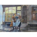 Dennis H. Andrews, three ladies by a shop doorway, watercolour, 26 x 36cms, framed