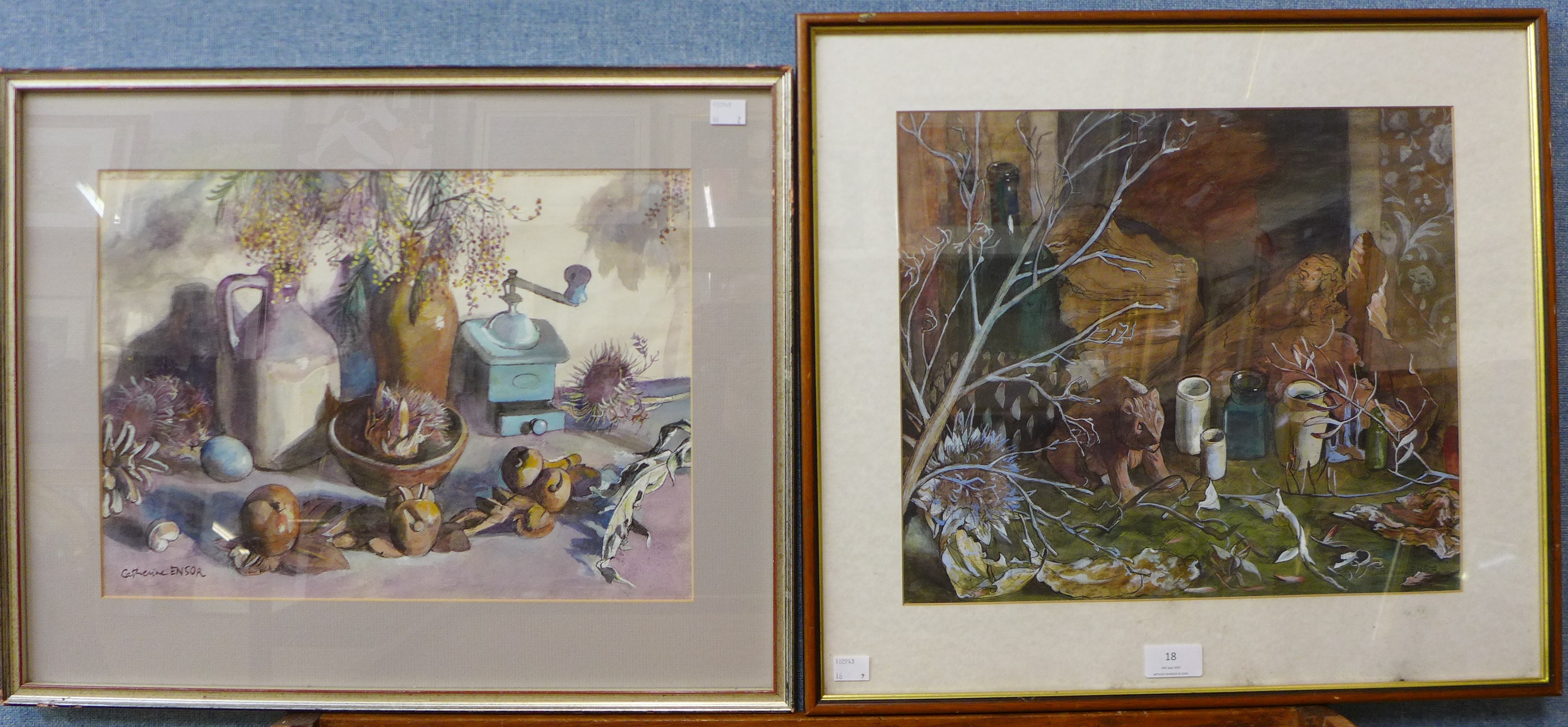 Catherine Ensor, pair of still lifes, watercolour, 28 x 40cms, framed - Image 3 of 3