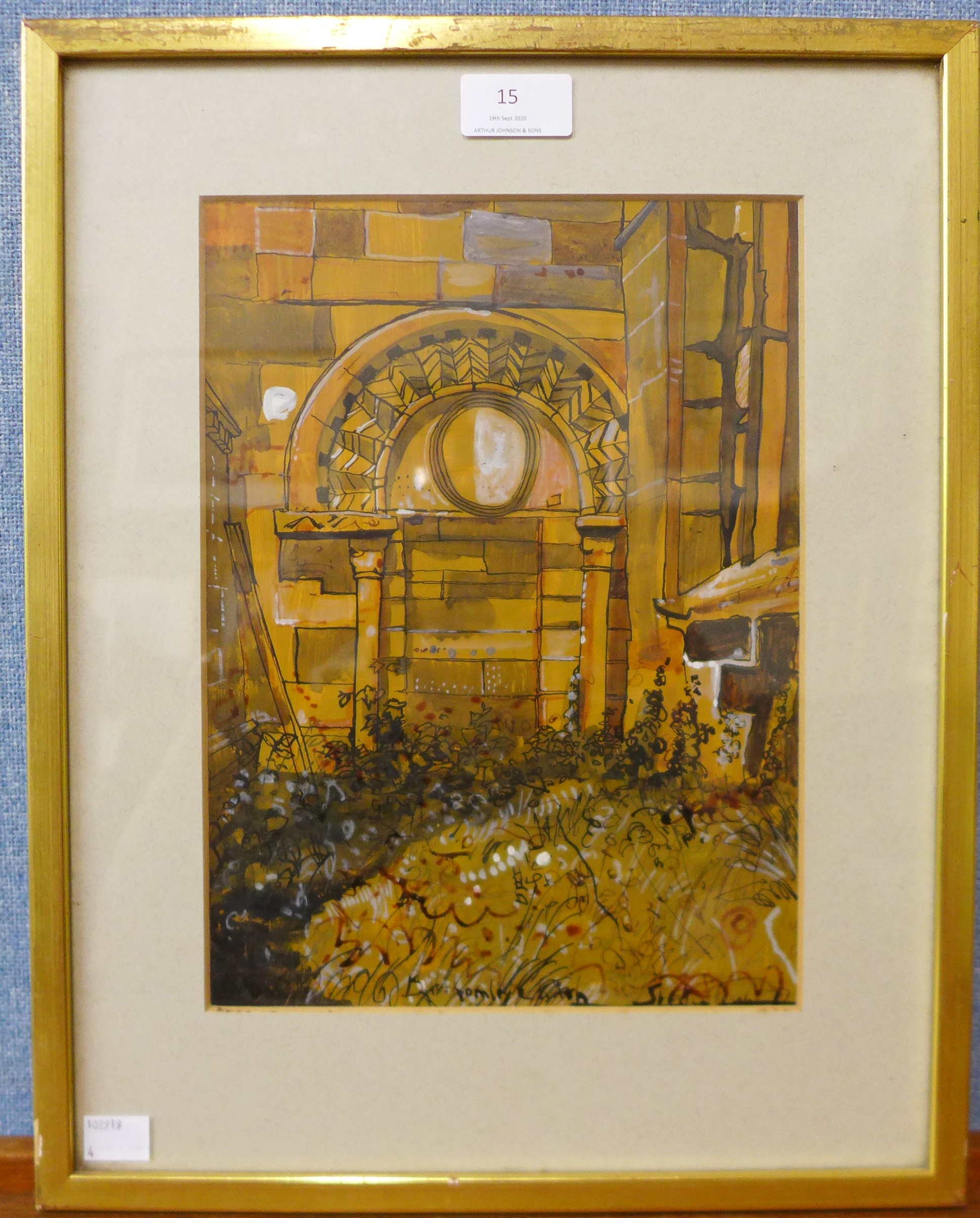 British School (20th Century), architectural archway, mixed media, 28 x 20cms, framed - Image 2 of 2